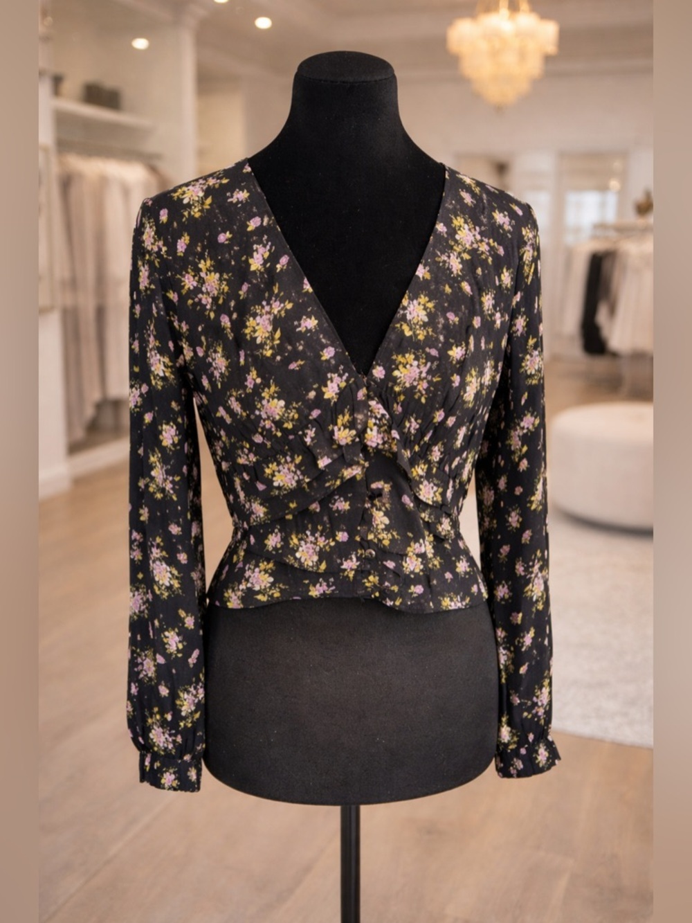 ZARA Floral Ruffle Crop Blouse Black Pink Yellow Long Sleeve Button Front Size L